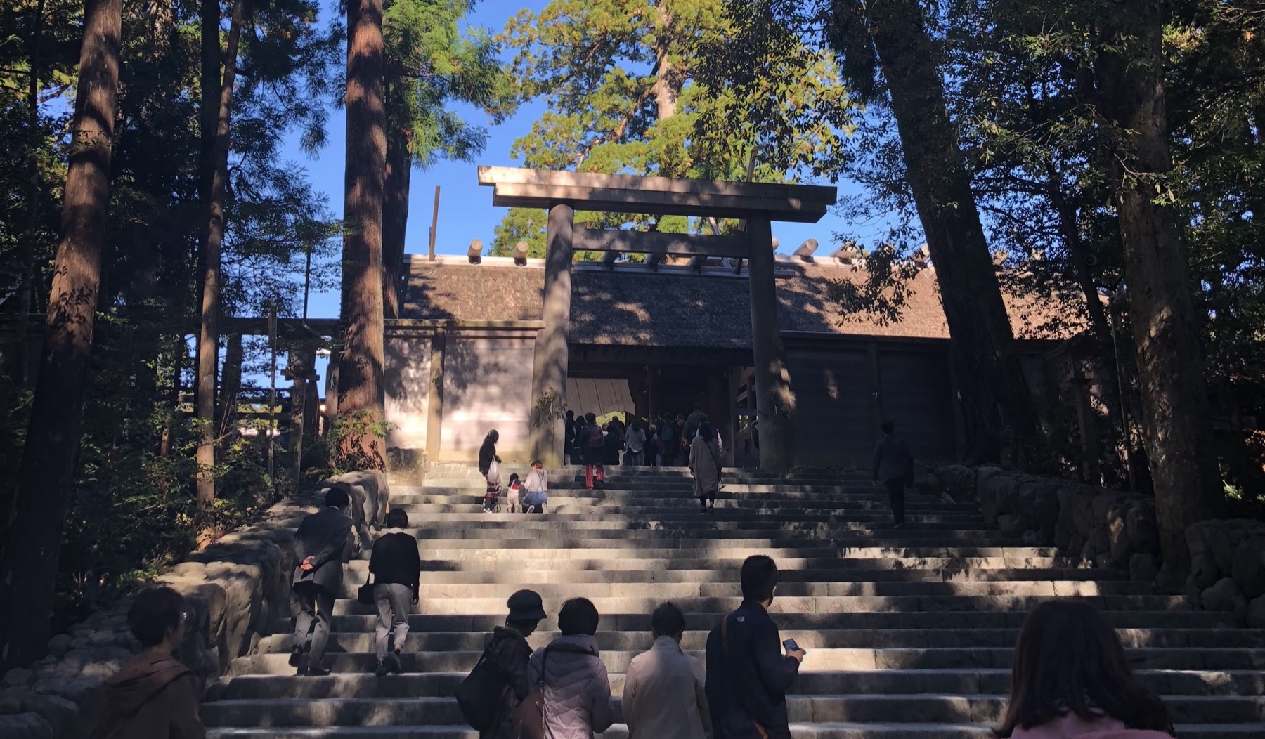 Stone staircase leading up to the inner sanctuary of Ise Jingu Naiku Shogu with a large wooden torii at the top and the thatched roof of the main shrine visible beyond, visitors climbing the steps in the late afternoon light