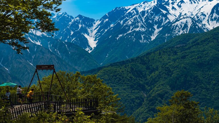 The wooden Yahho Deck observation platform at Hakuba Iwatake Mountain Resort with a small group of visitors looking out across green forest to the snow-capped Hakuba Sanzan three peaks of Shirouma Shakushi and Yari in late May