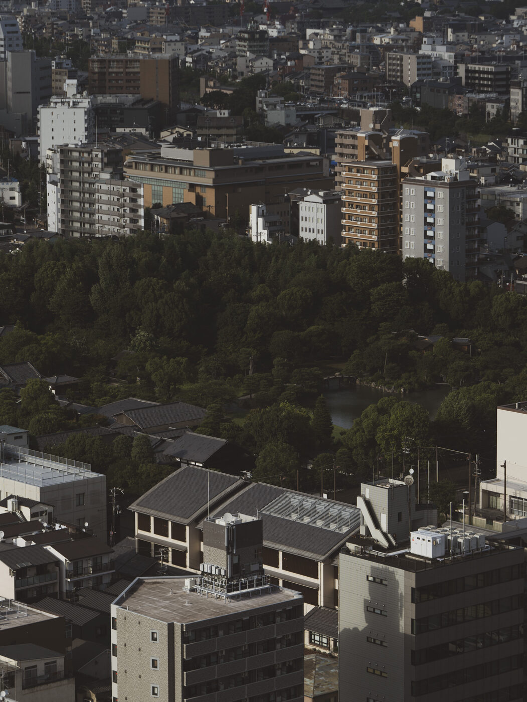 Aerial view of central Kyoto and Shosei-en garden from Kyoto Tower observation deck