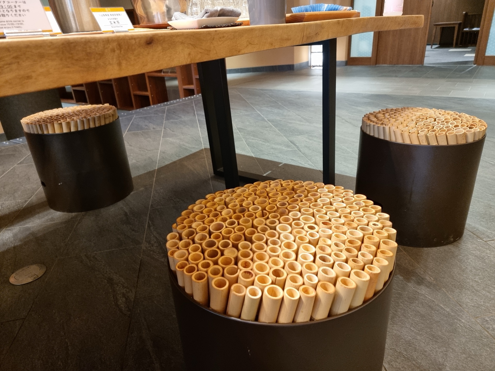 Bamboo stool art installation in Ooike Hotel lobby