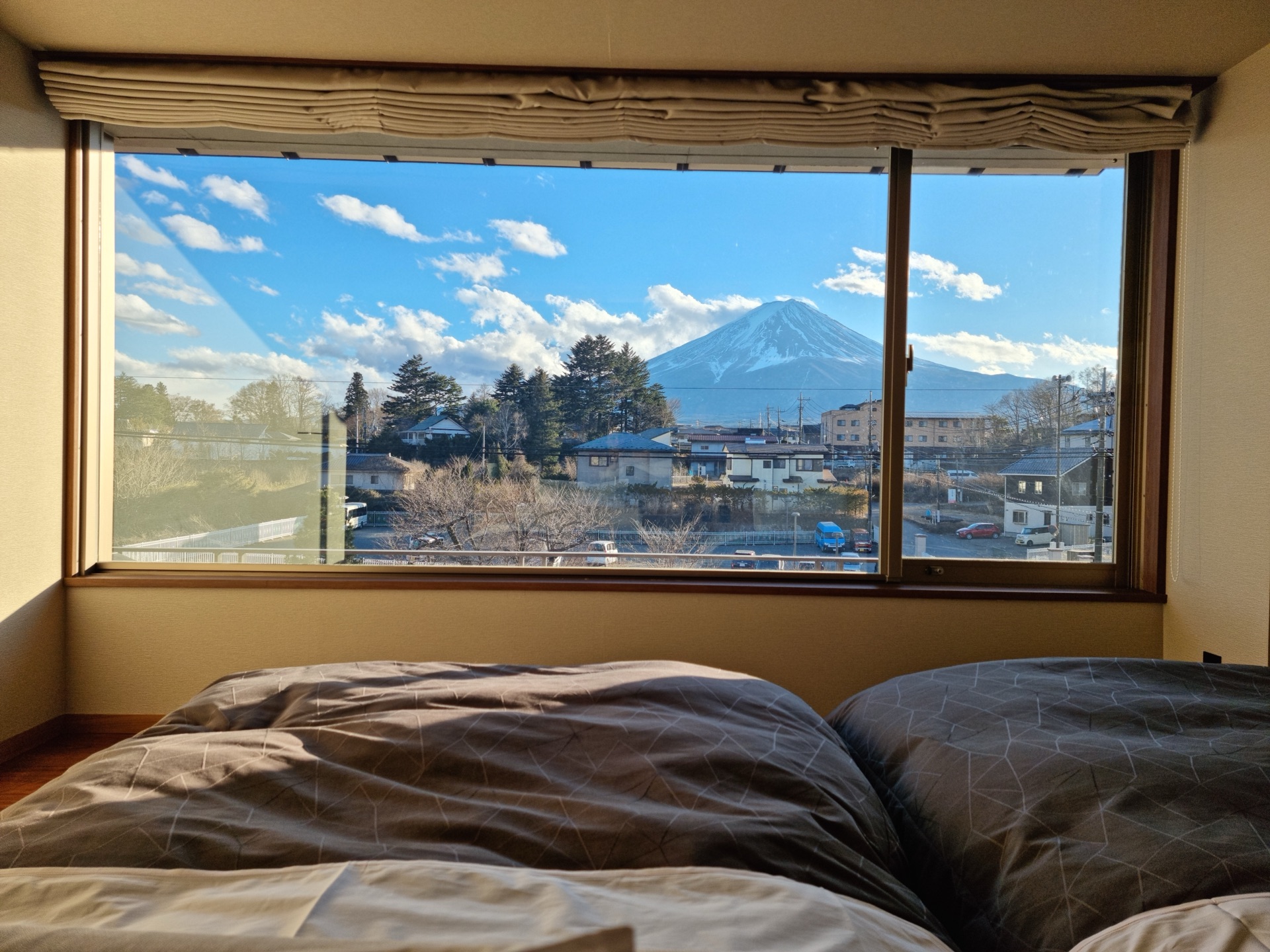 Mt Fuji view from bed in the 4F Bekkan room at Ooike Hotel