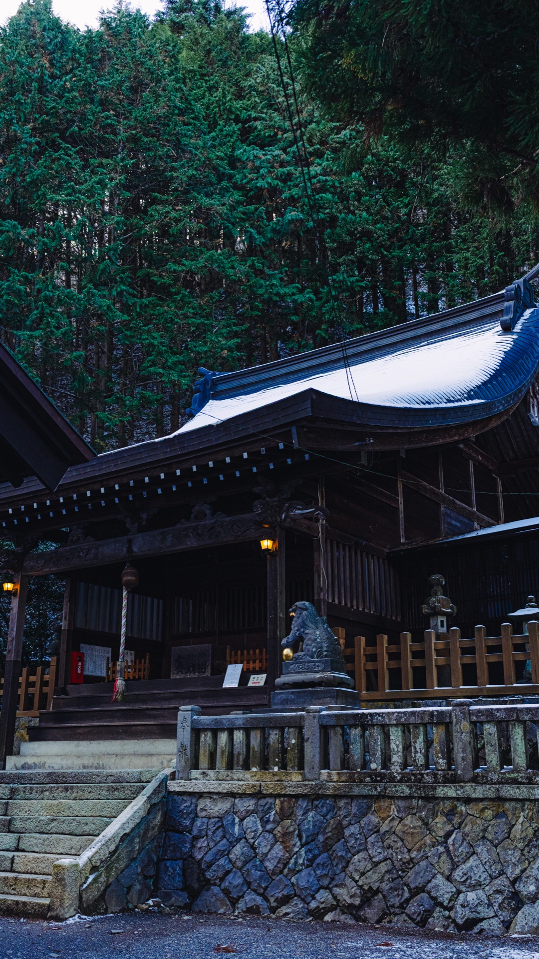 Close-up of one of the stone komainu lion-dog guardians at the foot of the main hall stairs at Shizume Shrine