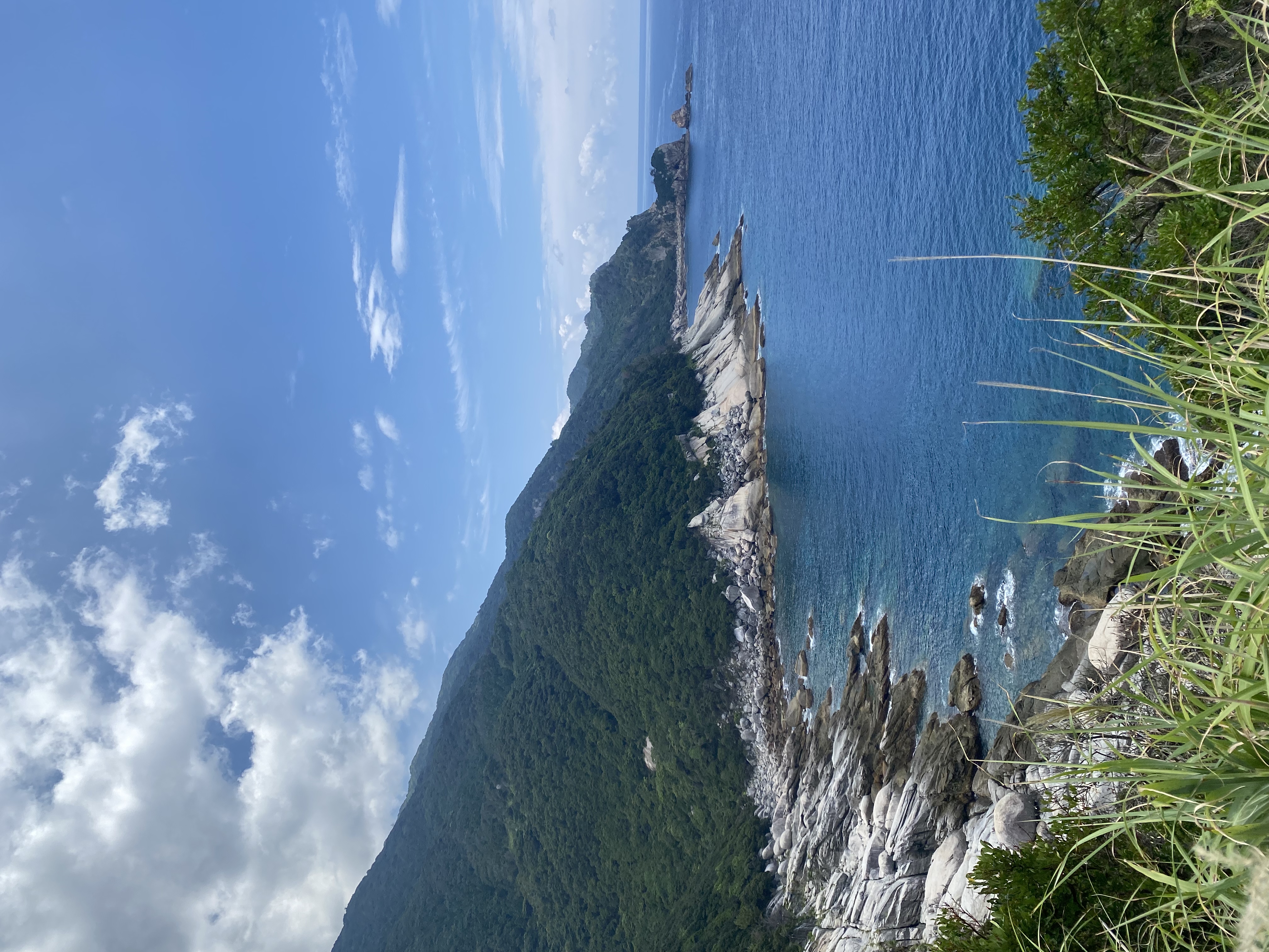 Jagged volcanic cliffs along Yakushima west coast on the morning drive