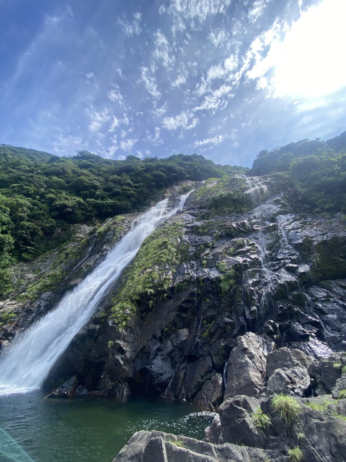 Close-up of the 88-meter Ohko Falls plunging through Yakushima cliffs