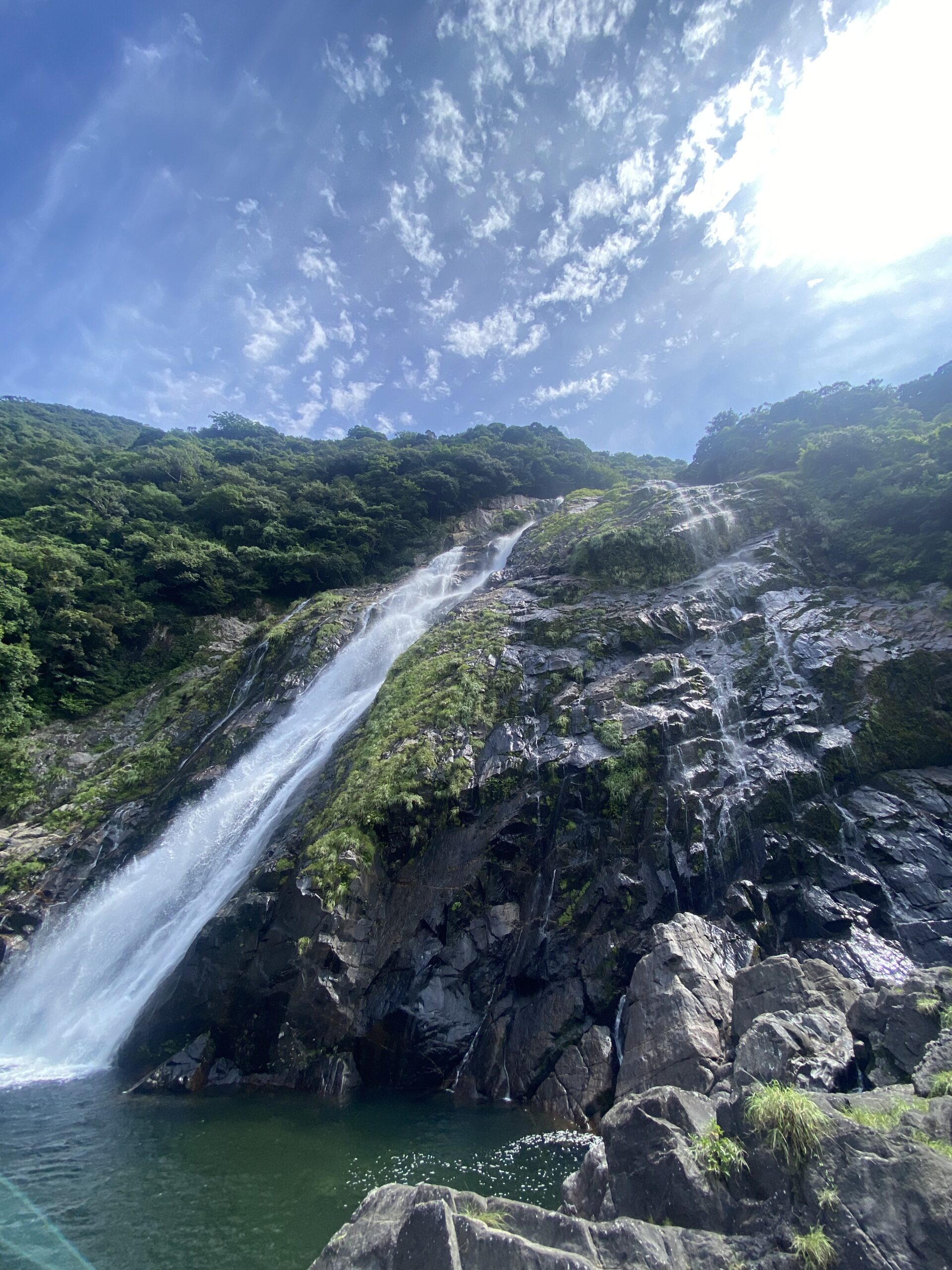 Close-up of the 88-meter Ohko Falls plunging through Yakushima cliffs