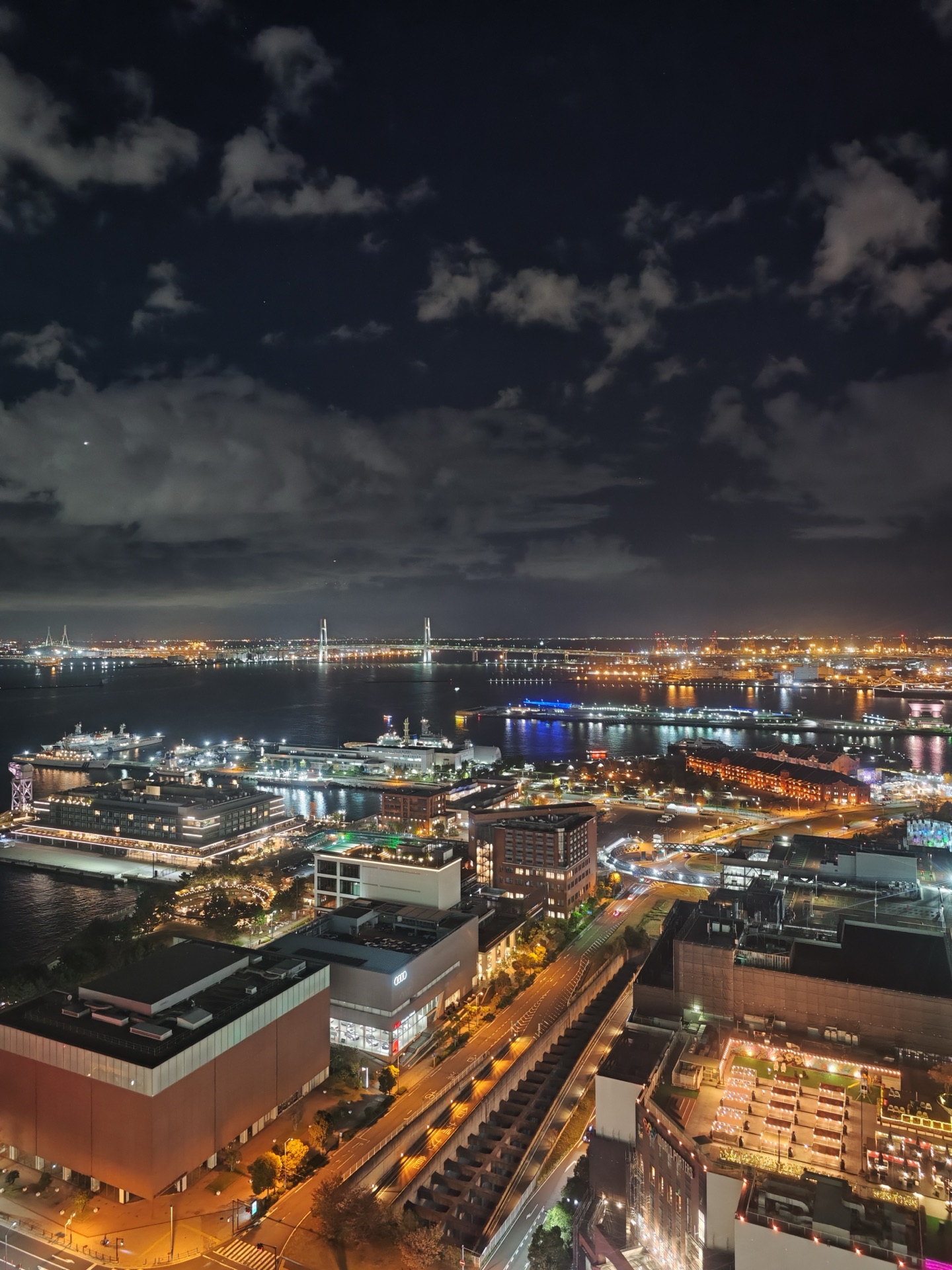 Yokohama Bay Bridge night view from hotel room high floor