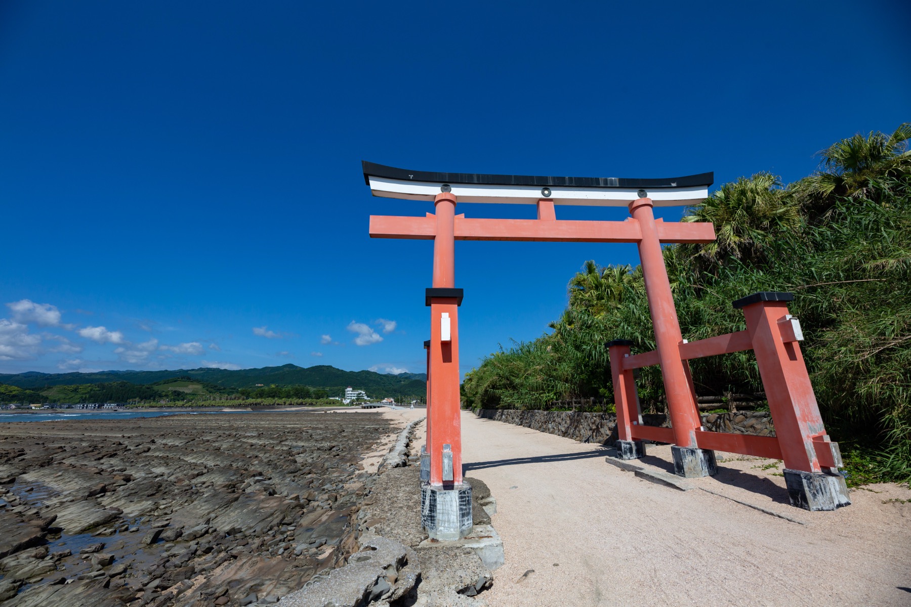 A red torii gate on the shore beside the Devil's Washboard wave-cut rock terraces at low tide, with the sea and green coast of Aoshima, Miyazaki, behind.