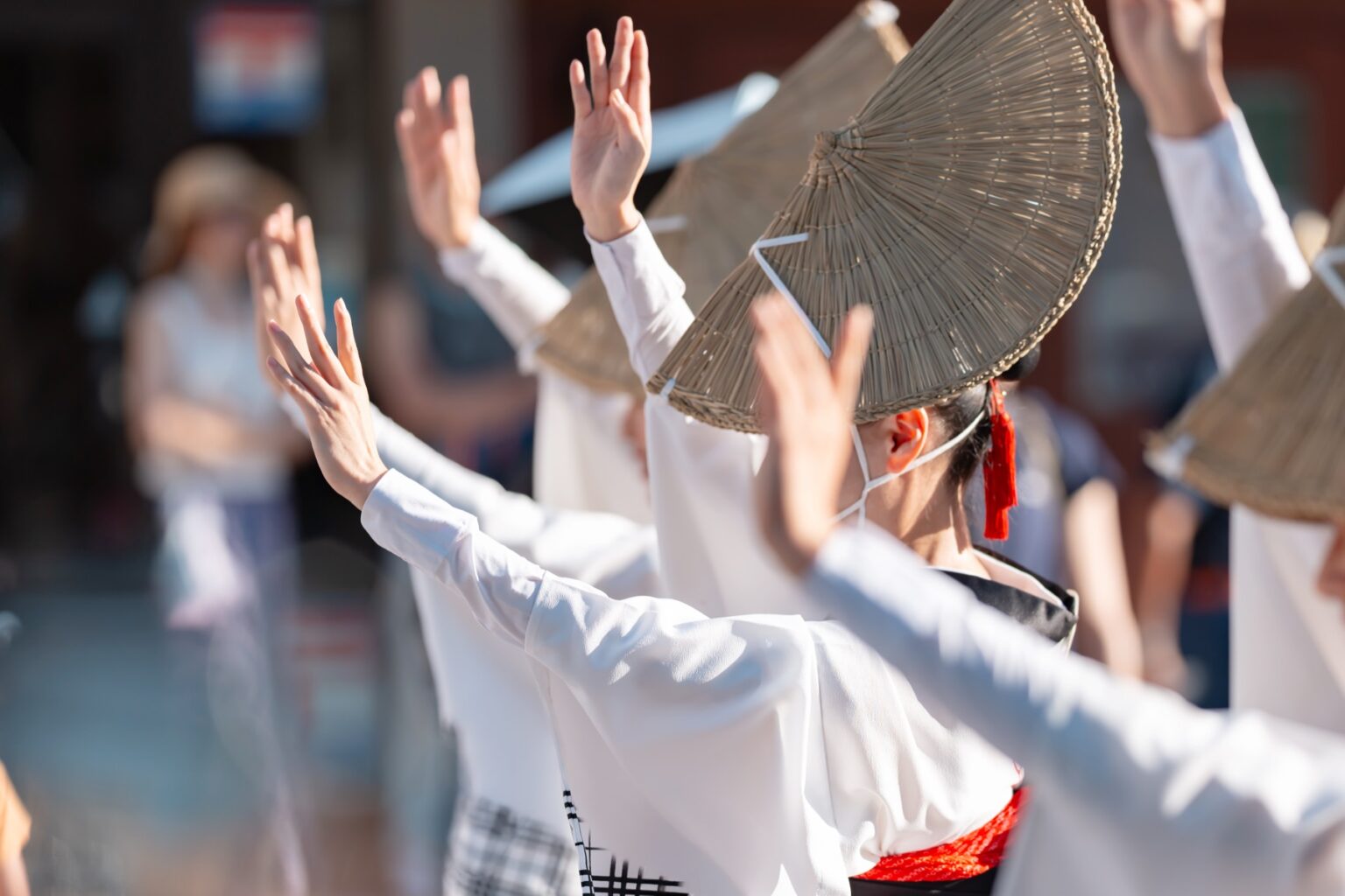 Awa Odori dancers in formation with lanterns during the Obon festival in Tokushima