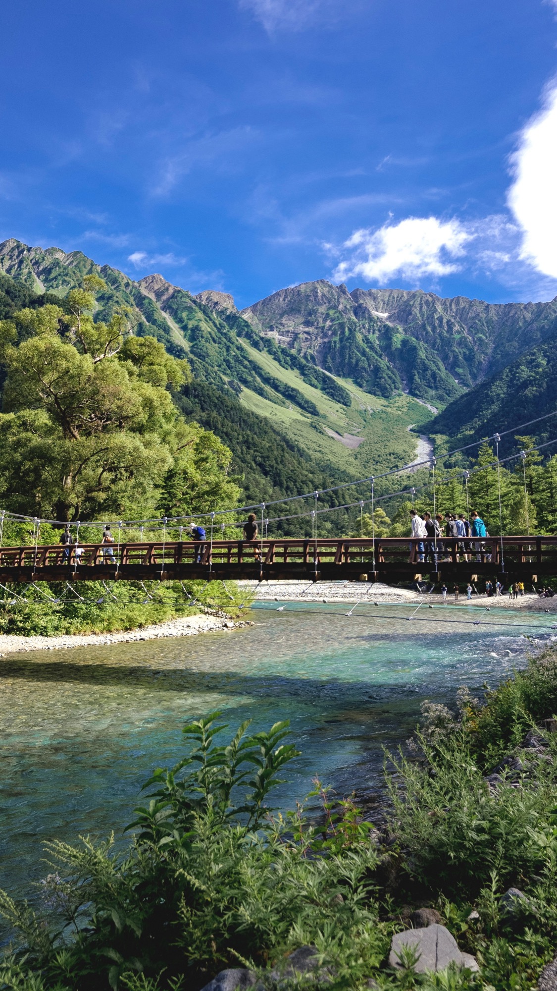 The wooden Kappa-bashi suspension bridge over the clear Azusa River in Kamikochi, with green summer forest and the Hotaka range rising behind under a bright blue sky