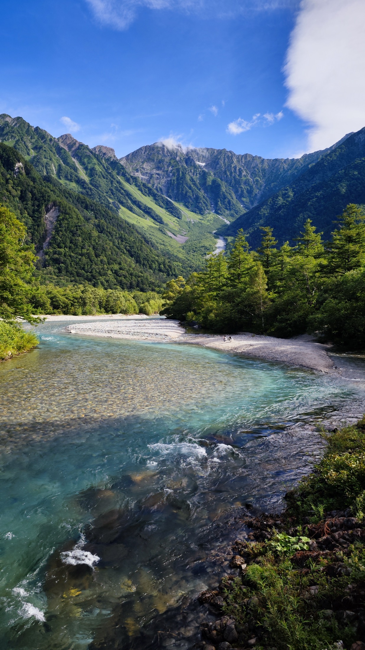 The clear turquoise Azusa River curving through Kamikochi in summer, framed by deep-green forested slopes and the Hotaka mountains under a blue sky, with no crowds