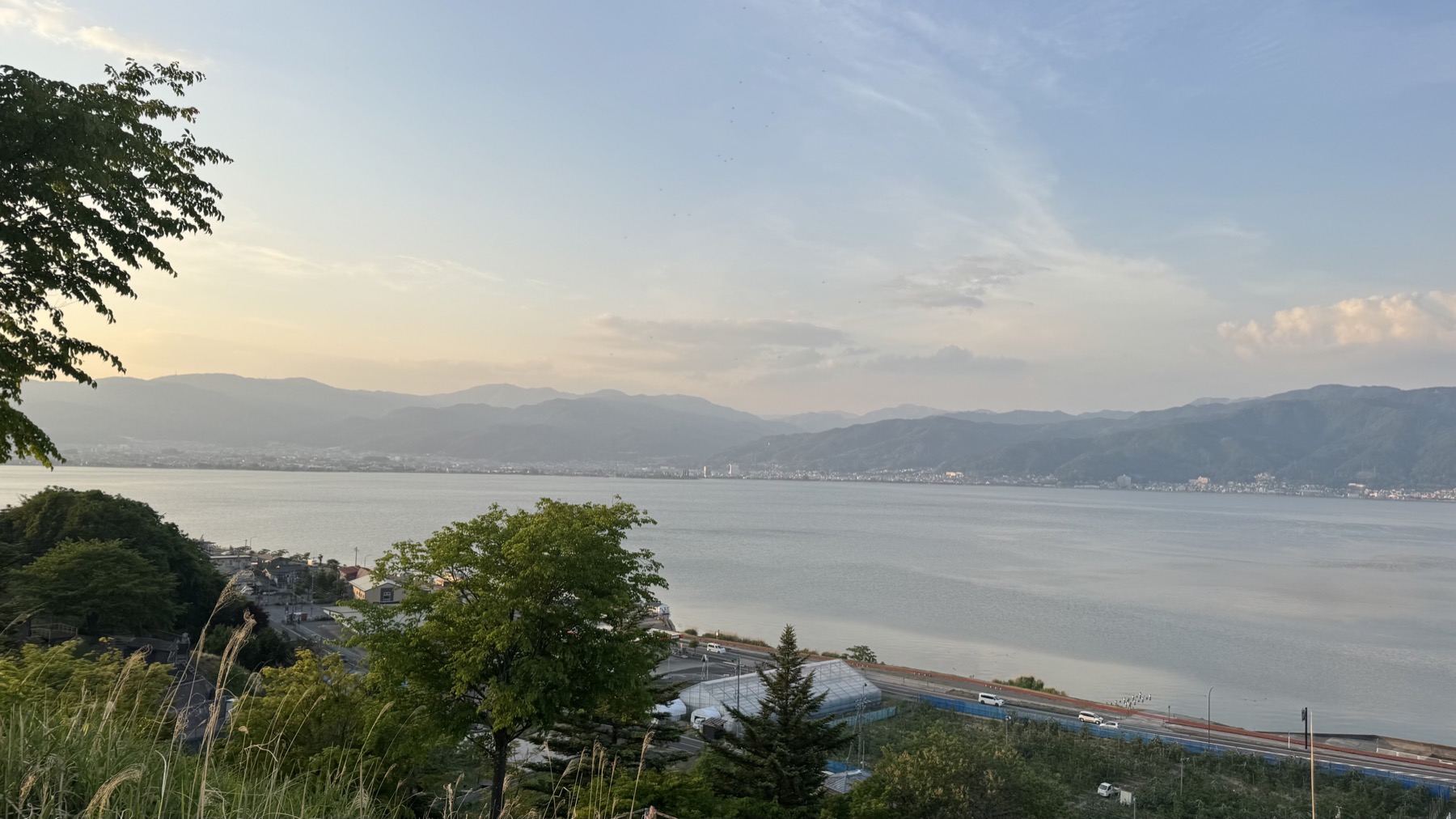 Lake Suwa at dusk viewed through trees from a hillside, with the lake and distant town softly lit under a pale evening sky in Nagano.