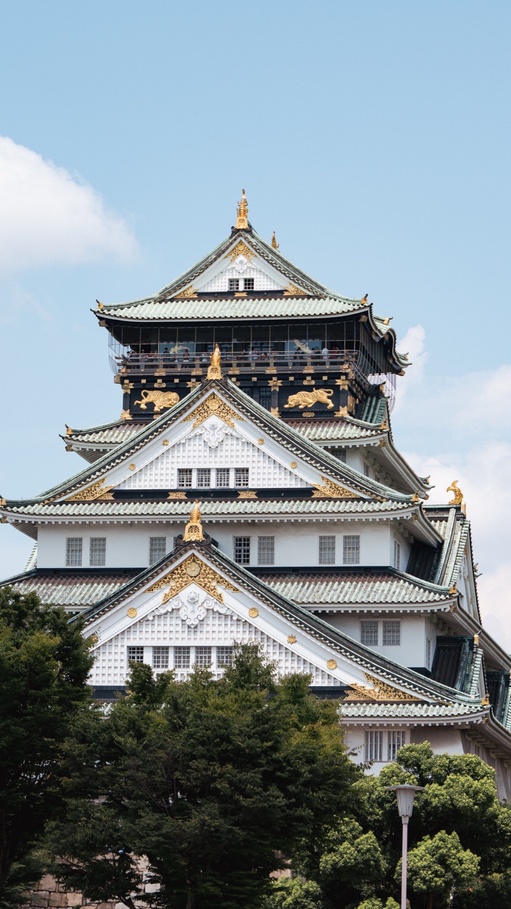 A close view of Osaka Castle's main keep showing its white walls, green tiled roofs, gold-leaf gables and golden tiger reliefs, with the gold-trimmed observation floor at the top against a clear sky.