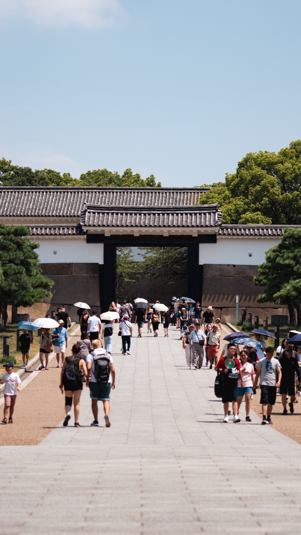 Crowds of visitors carrying parasols walk the wide stone-paved approach toward the black Sakuramon gate of Osaka Castle on a hot, clear day, the gate set into white turret walls above huge stone blocks.