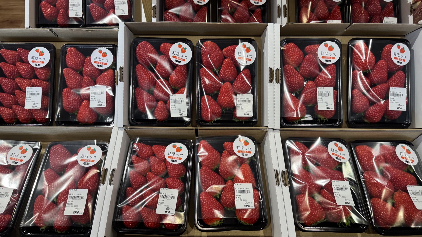 Boxes of fresh red Benihoppe strawberries in plastic packs on display at the Asama Market, Tabi-no-Eki Kawaguchiko Base, Yamanashi.