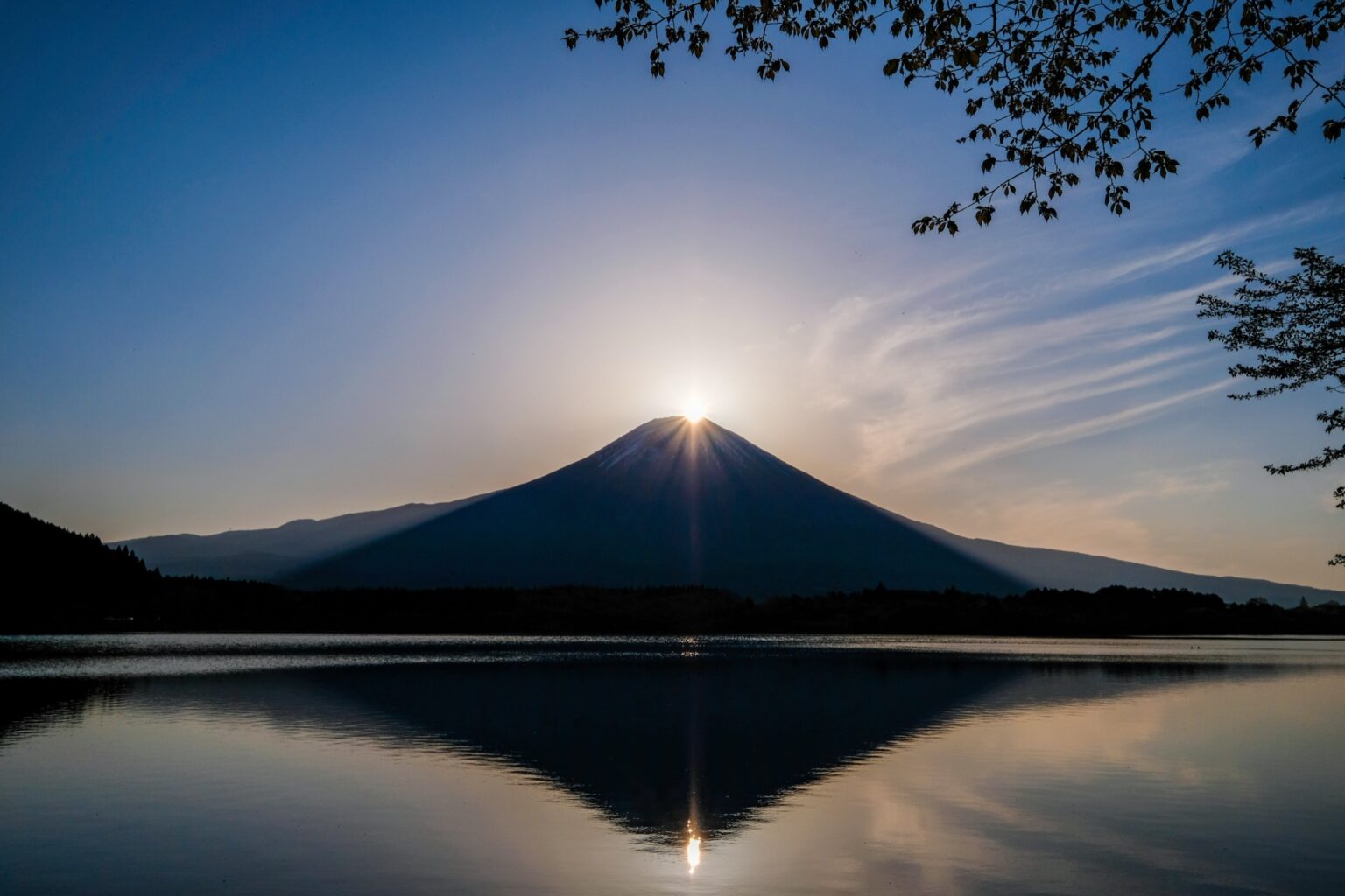 Diamond Fuji reflected in Lake Tanuki in Fujinomiya, Shizuoka: the sun flaring at the peak of the symmetrical Mt Fuji cone, mirrored in the calm lake with a tree branch framing the top