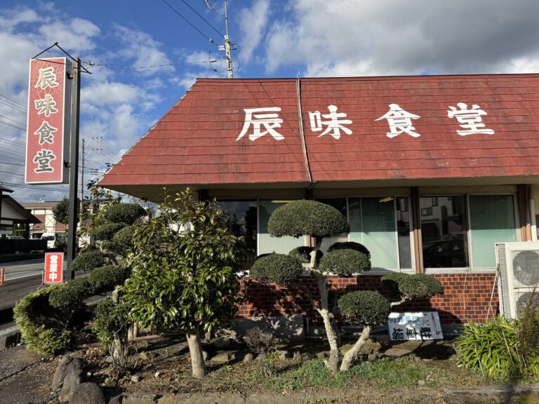 The exterior of Tatsumi Shokudo, a Showa-era diner in Susono, Shizuoka, with a faded red roof, a large sign reading Tatsumi Shokudo, clipped topiary pines out front and a blue sky behind.