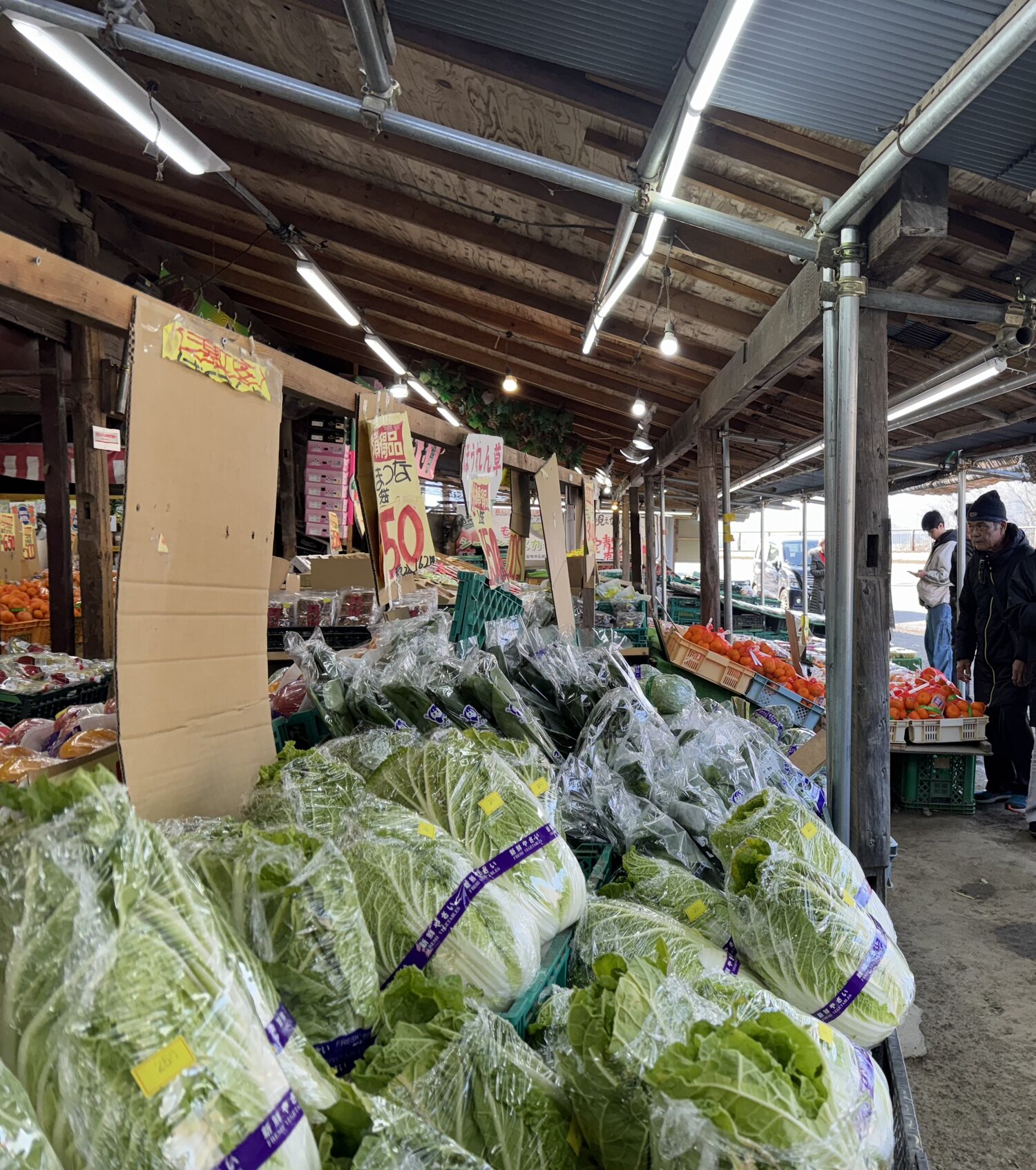Mounds of bagged napa cabbage and rows of fresh vegetables and fruit down the covered aisle of the Aozora Ichiba greengrocer at Kawaguchi, on the north side of Lake Kawaguchi in Yamanashi.