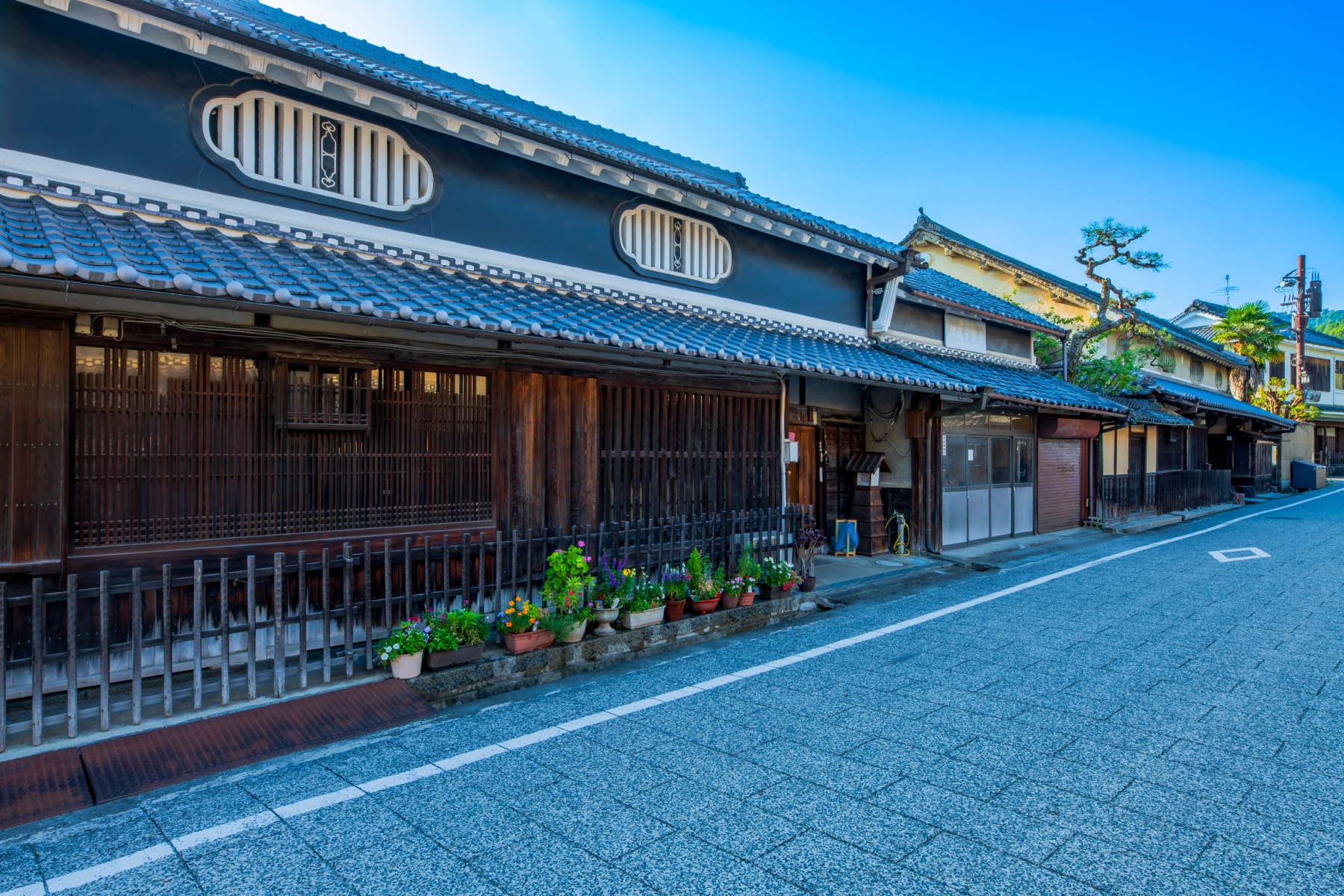 A black-and-white plastered traditional house in Asuka village Oka district with oval lattice windows above a low tiled eave and potted plants along the wooden lattice front