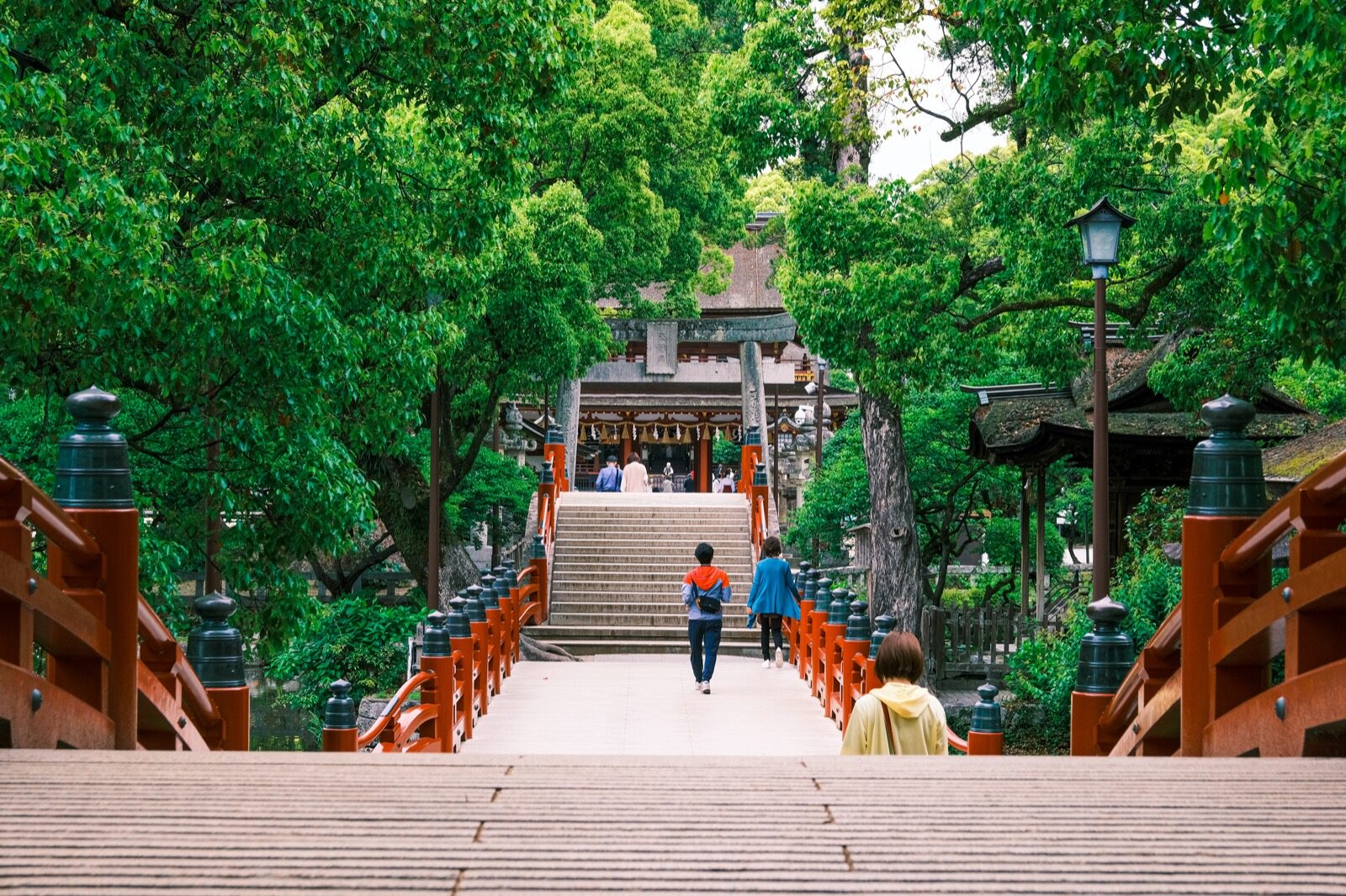 The arched vermilion taiko drum bridge crossing the Shinji-ike pond on the wooded approach to Dazaifu Tenmangu, visitors walking toward the shrine