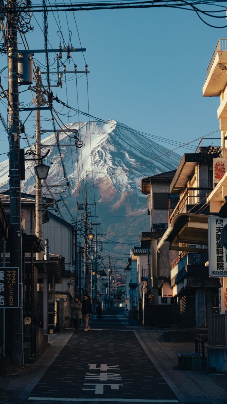 Mt Fuji seen down a retro Fujiyoshida street, Yamanashi