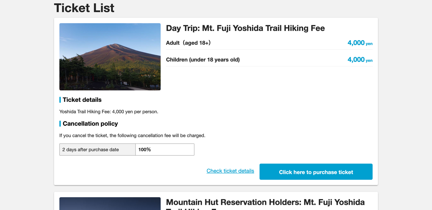 The official Asoview reservation page in English showing the Day Trip Mt Fuji Yoshida Trail hiking fee at 4,000 yen for adults and children, with ticket details, cancellation policy and a Click here to purchase ticket button.