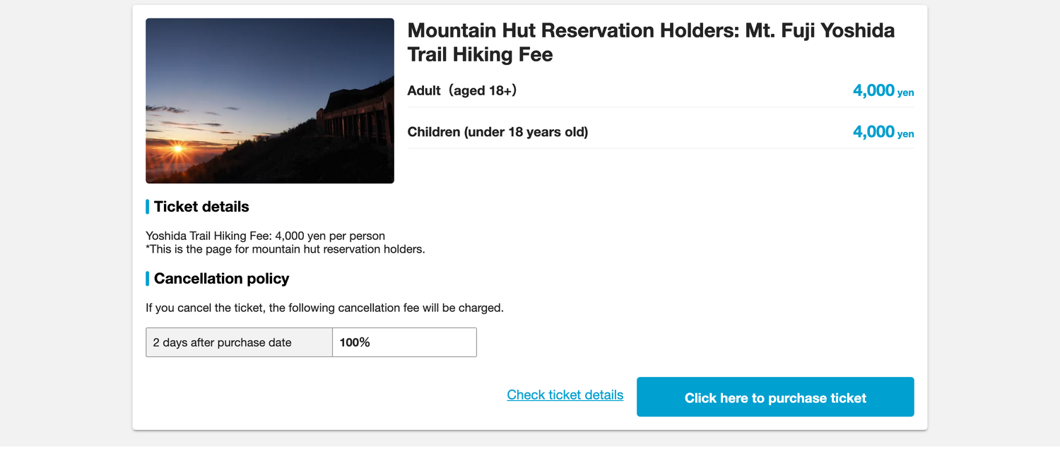 The Asoview reservation page in English showing the Mountain Hut Reservation Holders Mt Fuji Yoshida Trail hiking fee at 4,000 yen, with a note that this page is for mountain hut reservation holders.