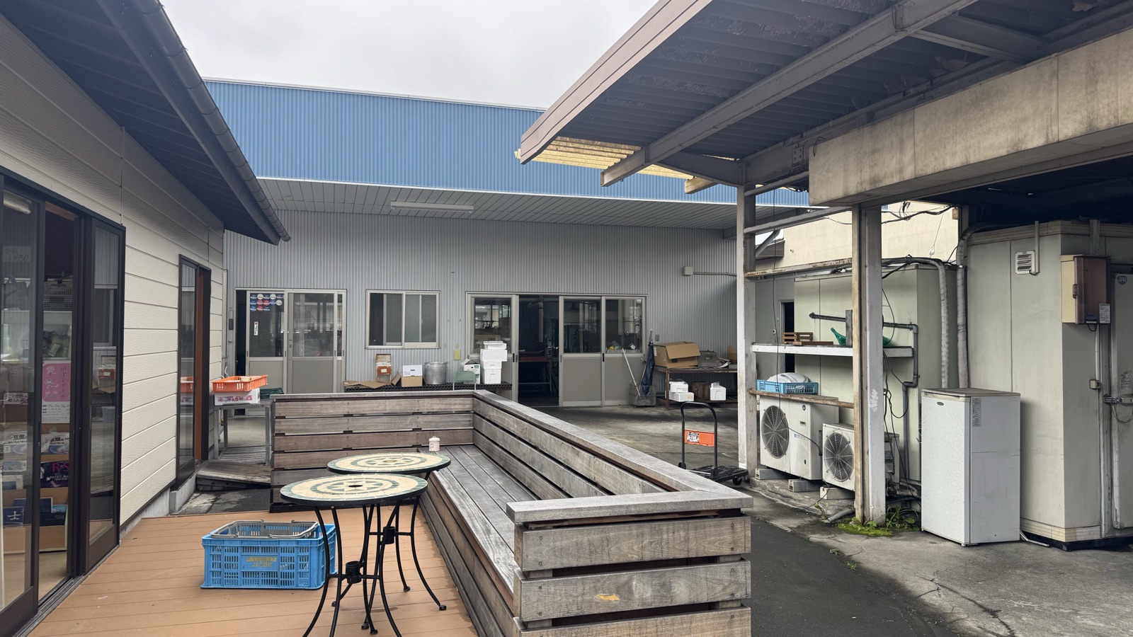 The outdoor terrace beside Kadoya Tofu's workshop in Oshino
