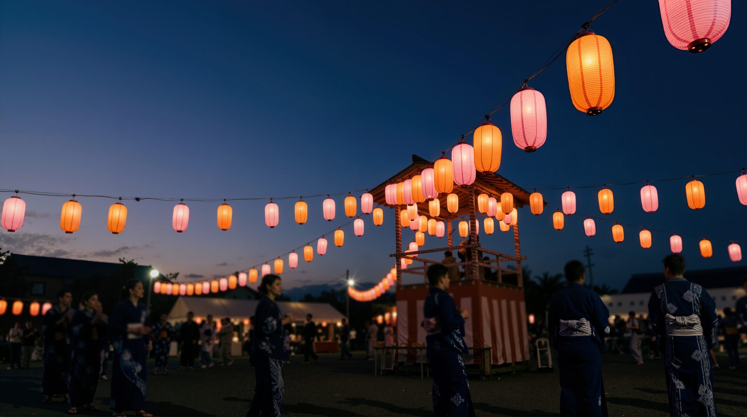 People in yukata dancing in a circle around a lantern-lit yagura tower at a Japanese bon odori festival