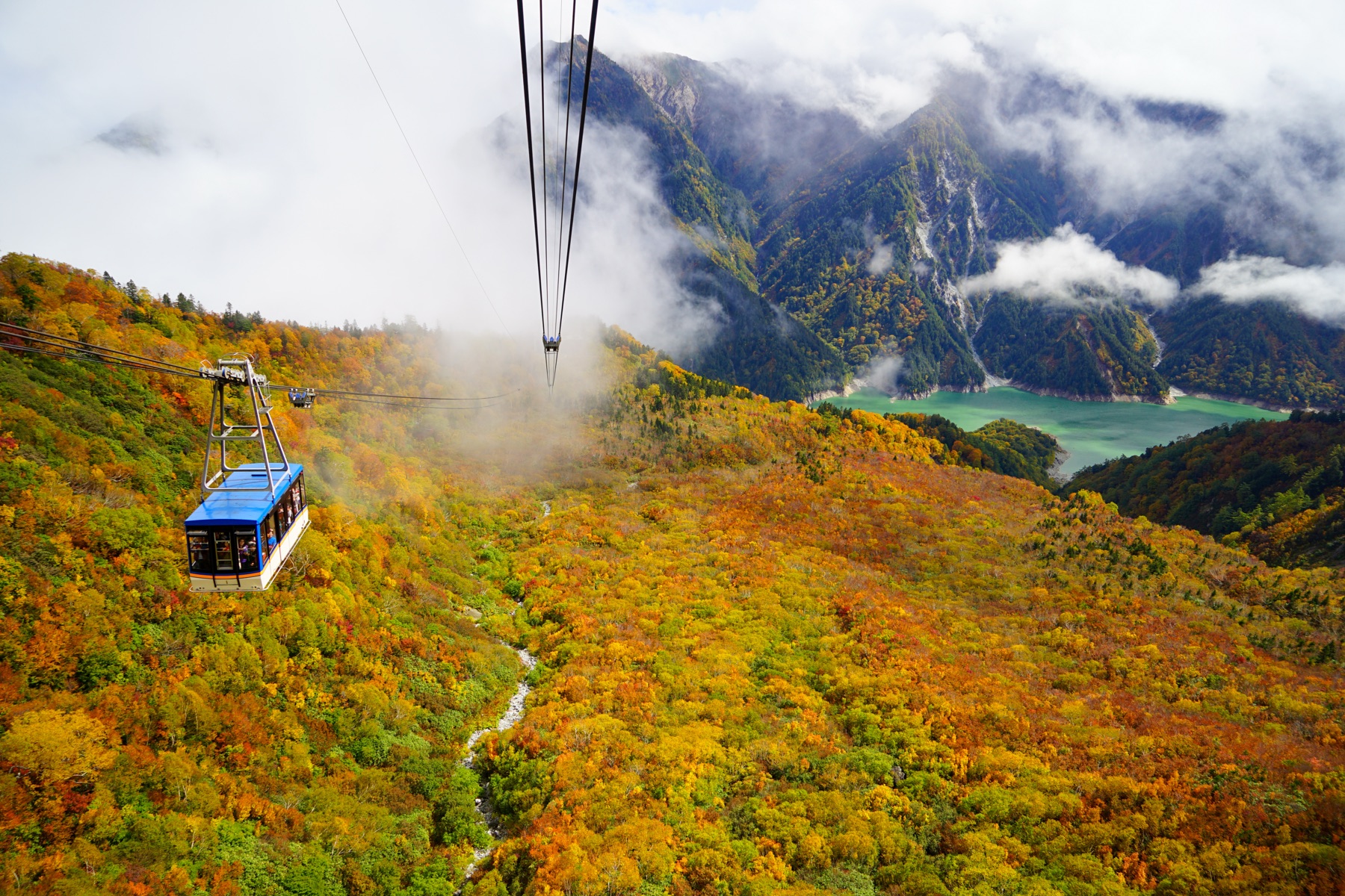 The Tateyama Ropeway descending from Daikanbo station over slopes covered in red, orange and gold autumn colour on the Tateyama Kurobe Alpine Route, with the Kurobe valley far below