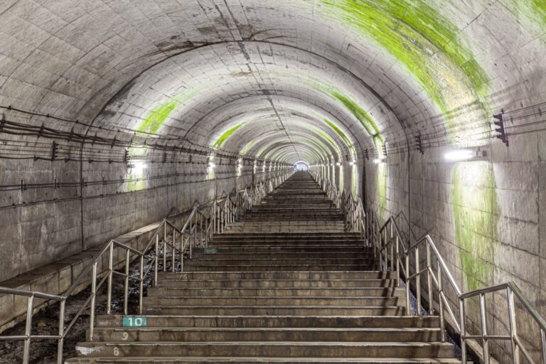 The vast 486-step staircase inside the concrete tunnel that connects the underground platform of Doai Station to the surface, Minakami, Gunma