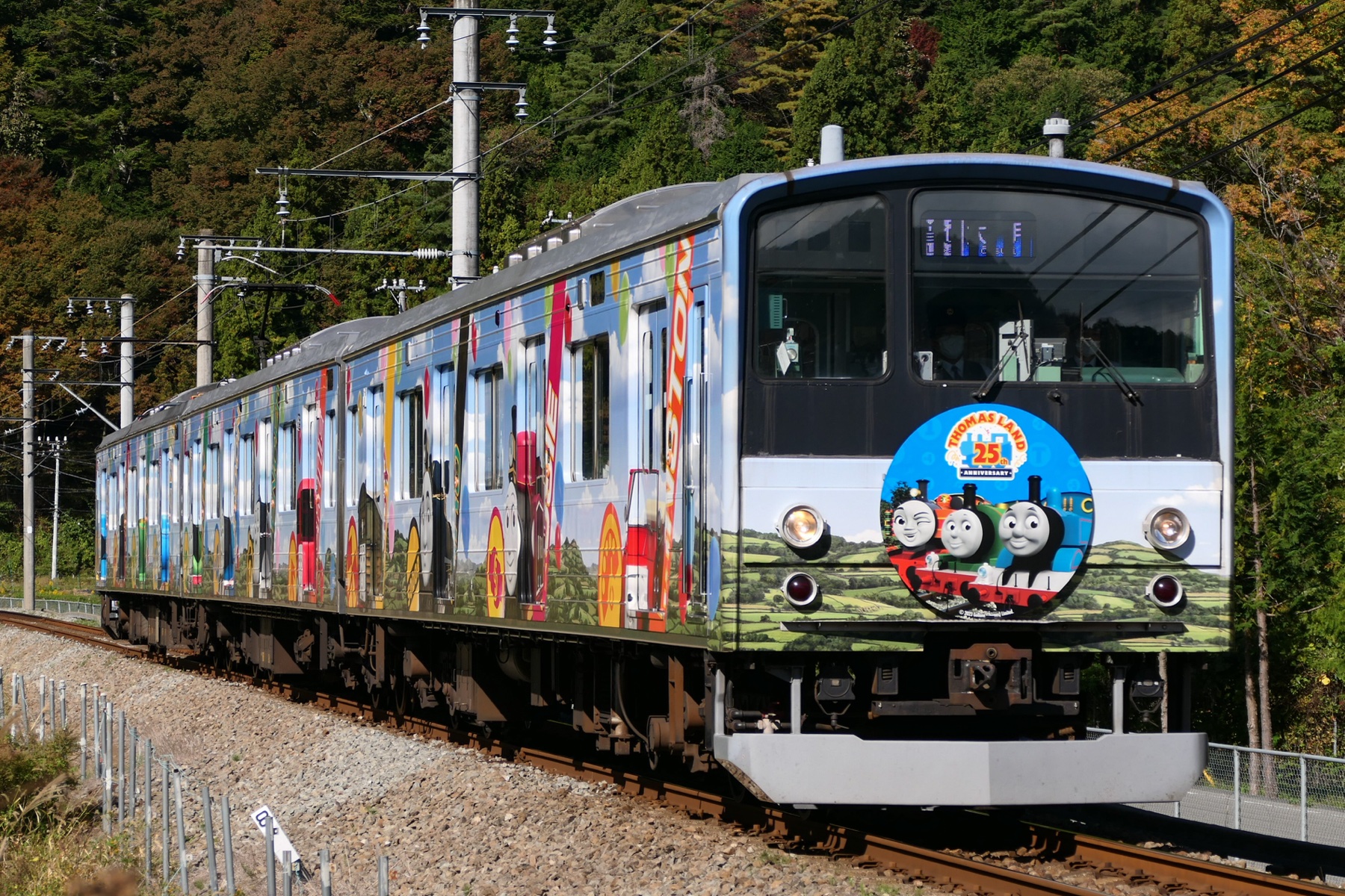 A Fujikyu Railway 6000 series train wrapped in a colourful Thomas the Tank Engine livery runs through wooded countryside on the Fujikyuko Line, showing how heavily the line decorates its ordinary commuter stock.