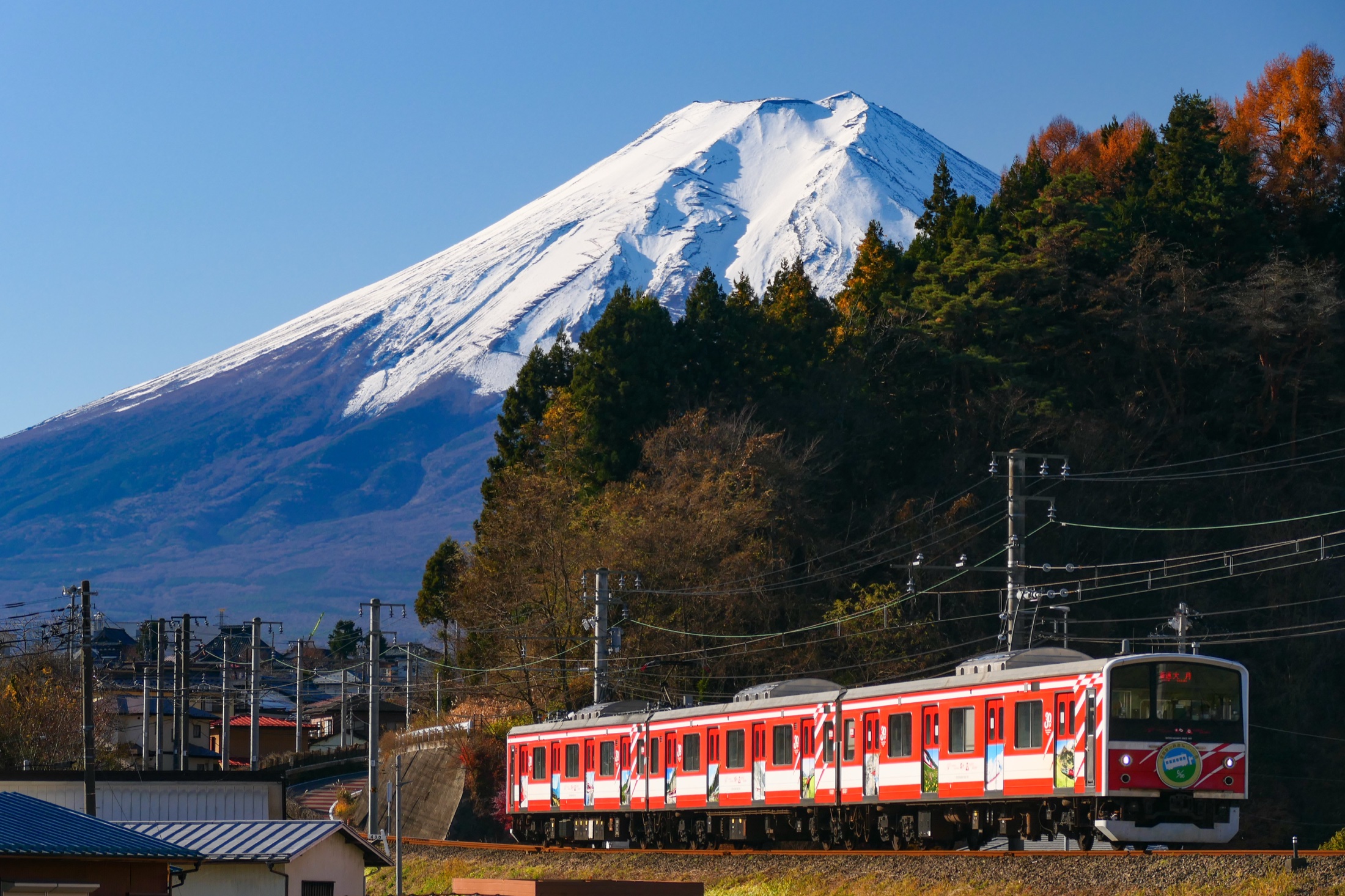A red and white Fujikyu Railway 6000 series three-car local train bound for Otsuki runs along the Fujikyuko Line between Kotobuki and Mitsutoge stations, with the snow-capped cone of Mt Fuji filling the sky behind autumn trees.