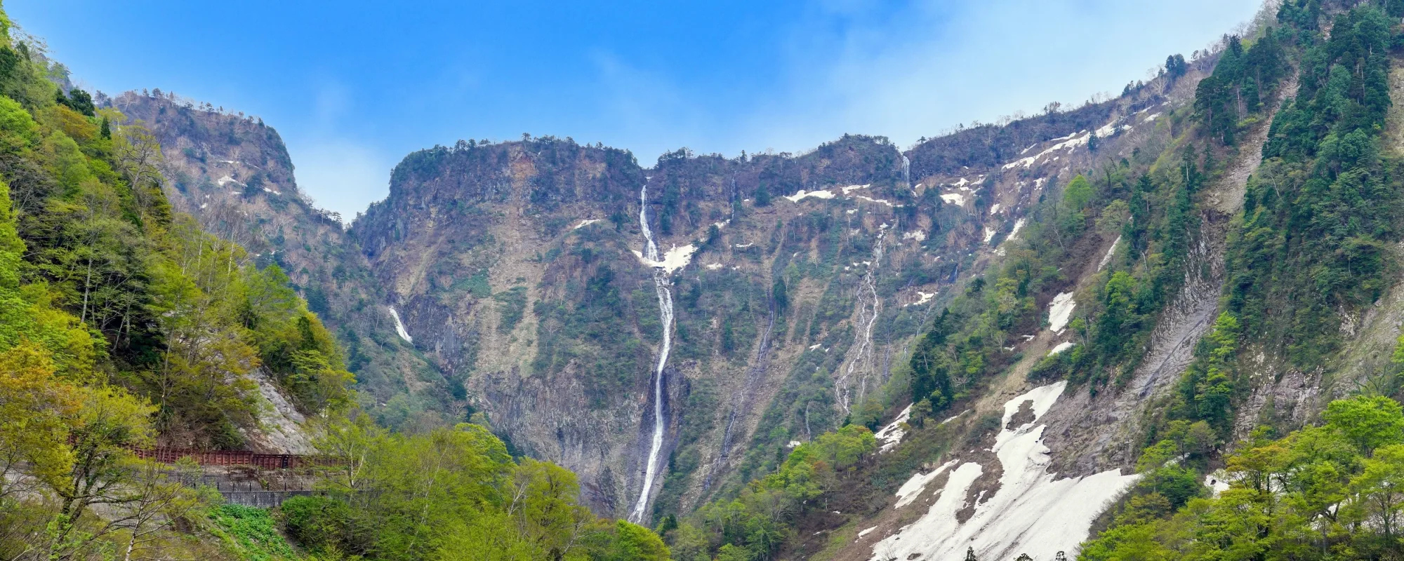 The phantom Hannoki Falls streaming down the Tateyama cliffs beside Shomyo Falls during snowmelt, Toyama