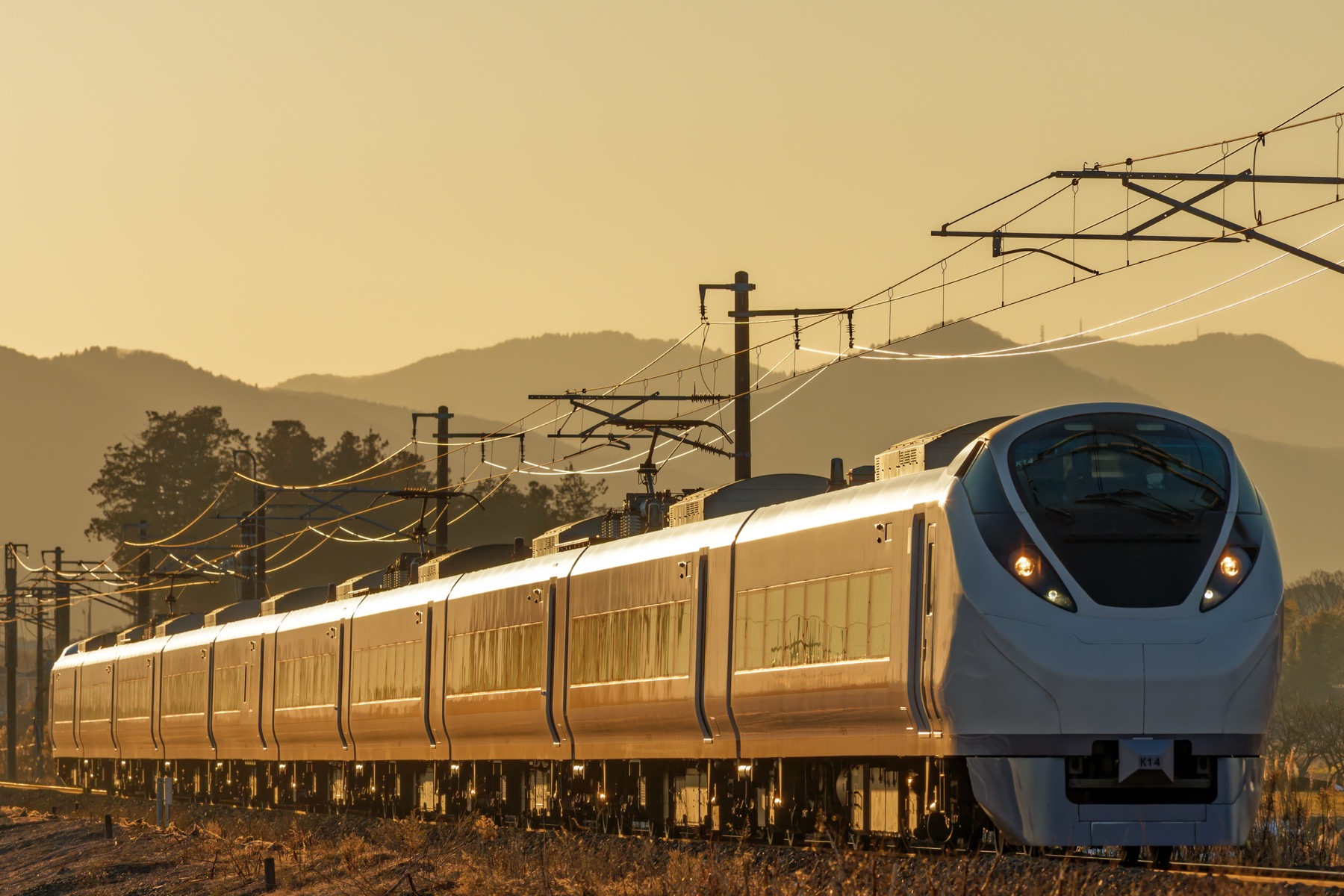 JR East E657 series limited express train running through golden evening light on the Joban Line near Mito, the white streamlined train that connects Tokyo to Ibaraki in about seventy minutes