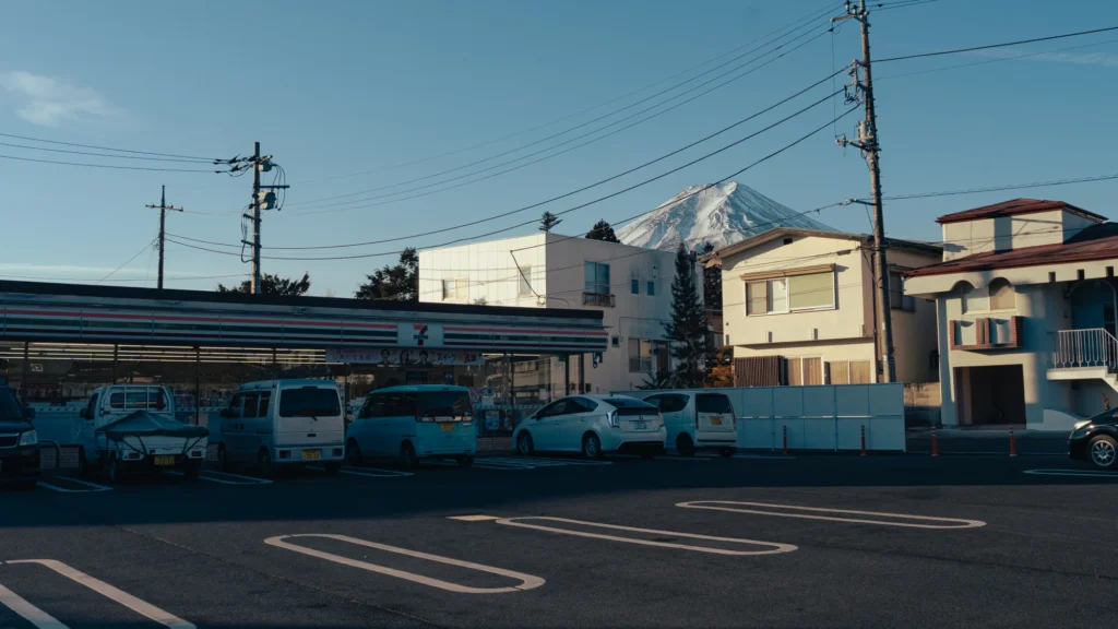 Mt Fuji seen from a Fujiyoshida street on a clear winter morning