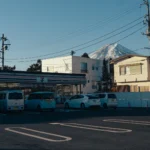 Mt Fuji seen from a Fujiyoshida street on a clear winter morning