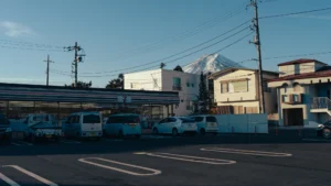 Mt Fuji seen from a Fujiyoshida street on a clear winter morning
