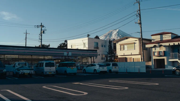 Mt Fuji seen from a Fujiyoshida street on a clear winter morning