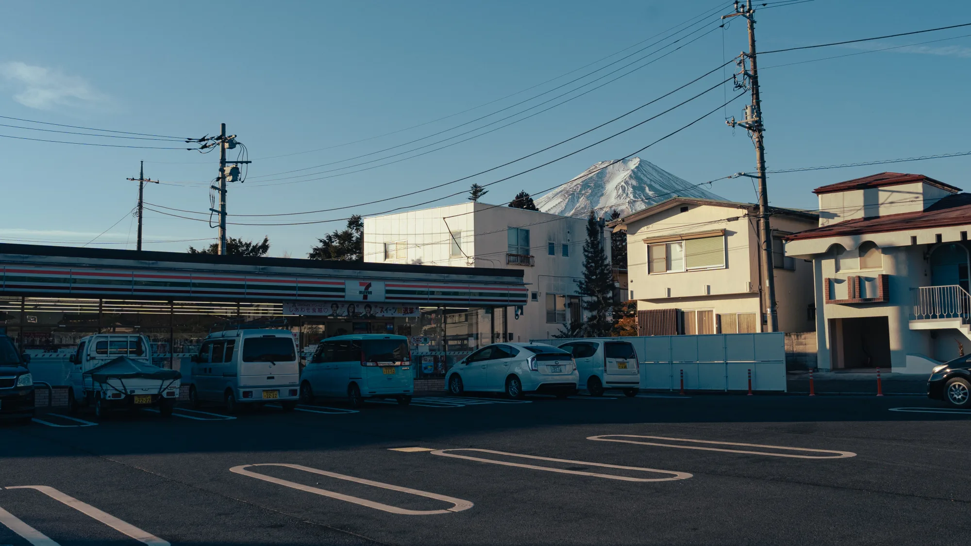 Mt Fuji seen from a Fujiyoshida street on a clear winter morning