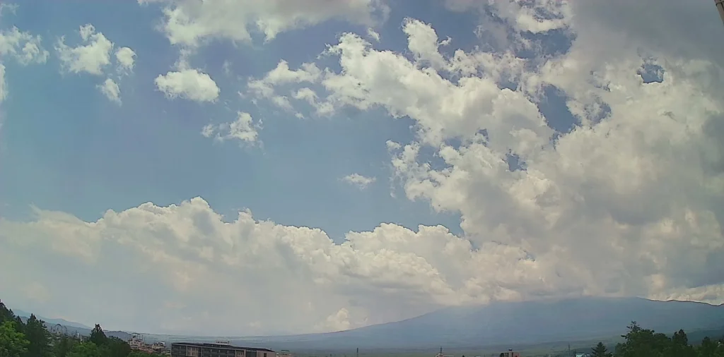 Mount Fuji completely hidden by cloud on a summer morning, seen from Fujiyoshida