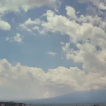 Mount Fuji completely hidden by cloud on a summer morning, seen from Fujiyoshida