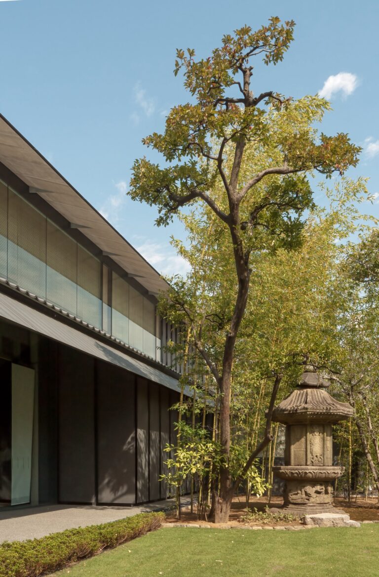 The strolling garden of the Nezu Museum in Minami-Aoyama, Tokyo: a stone path winding past moss, maples and a thatched tea house, hidden a few minutes from Omotesando crossing