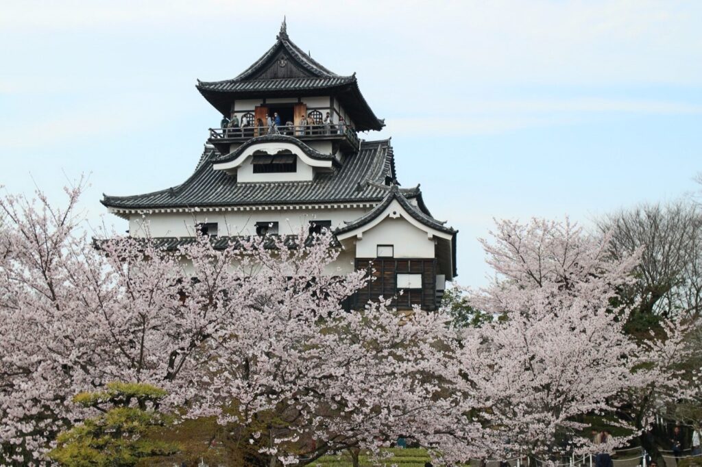 The original wooden keep of Inuyama Castle on its hill under a blue sky