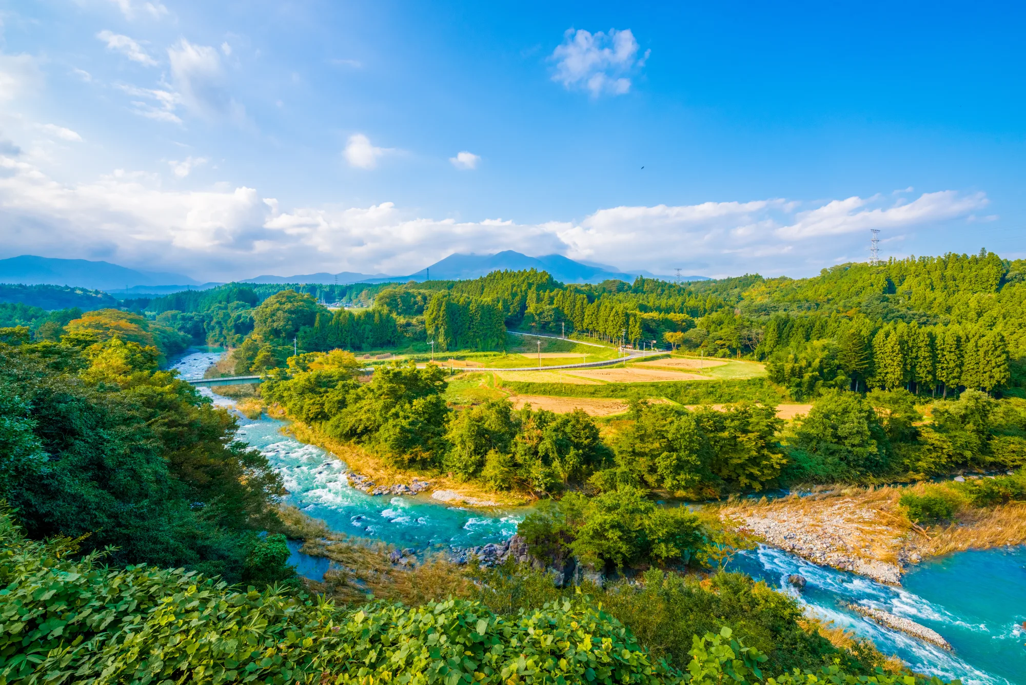 Mt. Nasu rising above forest and the upper Naka River in the Nasu Highlands, Tochigi