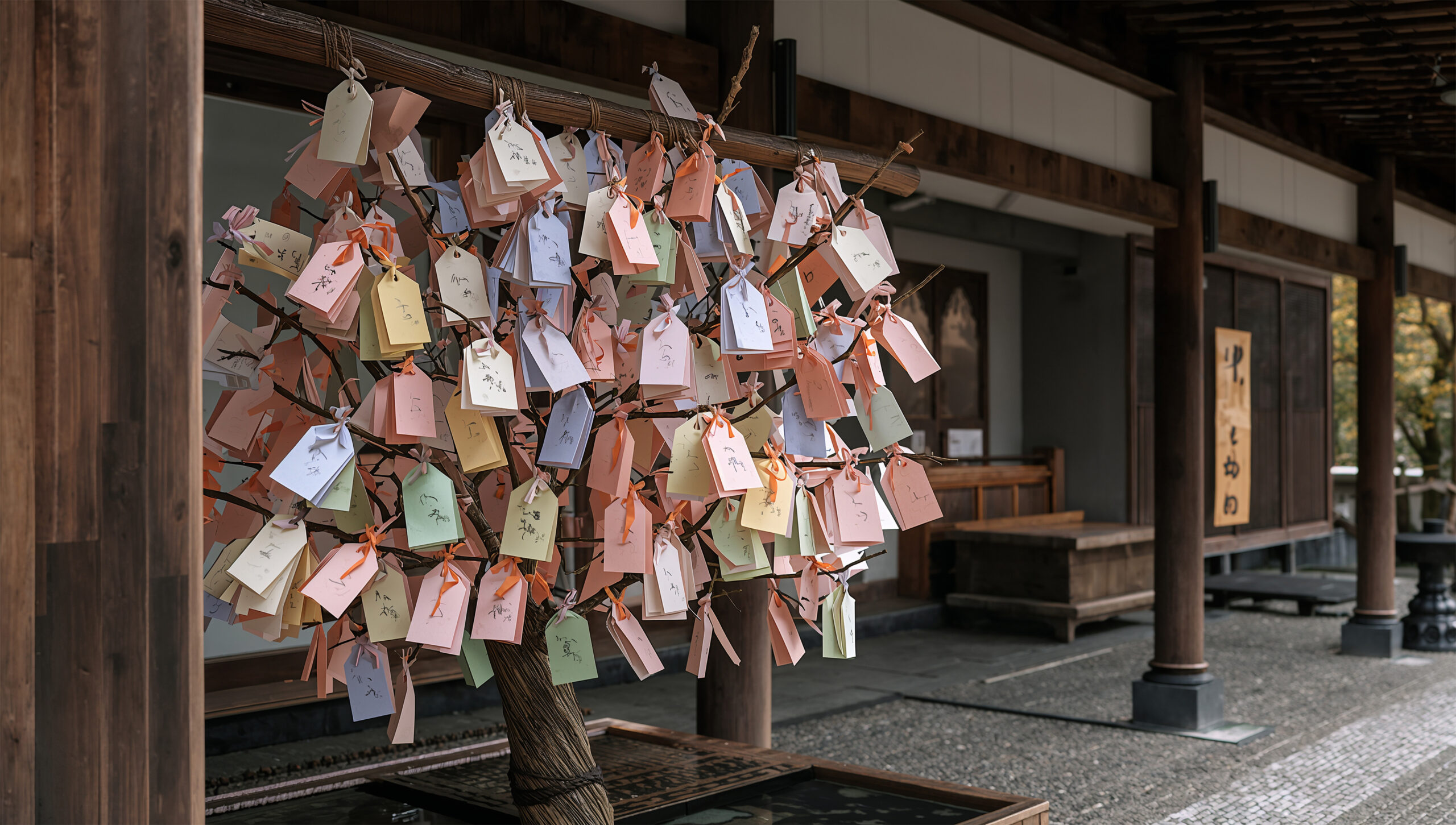 Omikuji fortune slips tied on a rack at a Japanese shrine