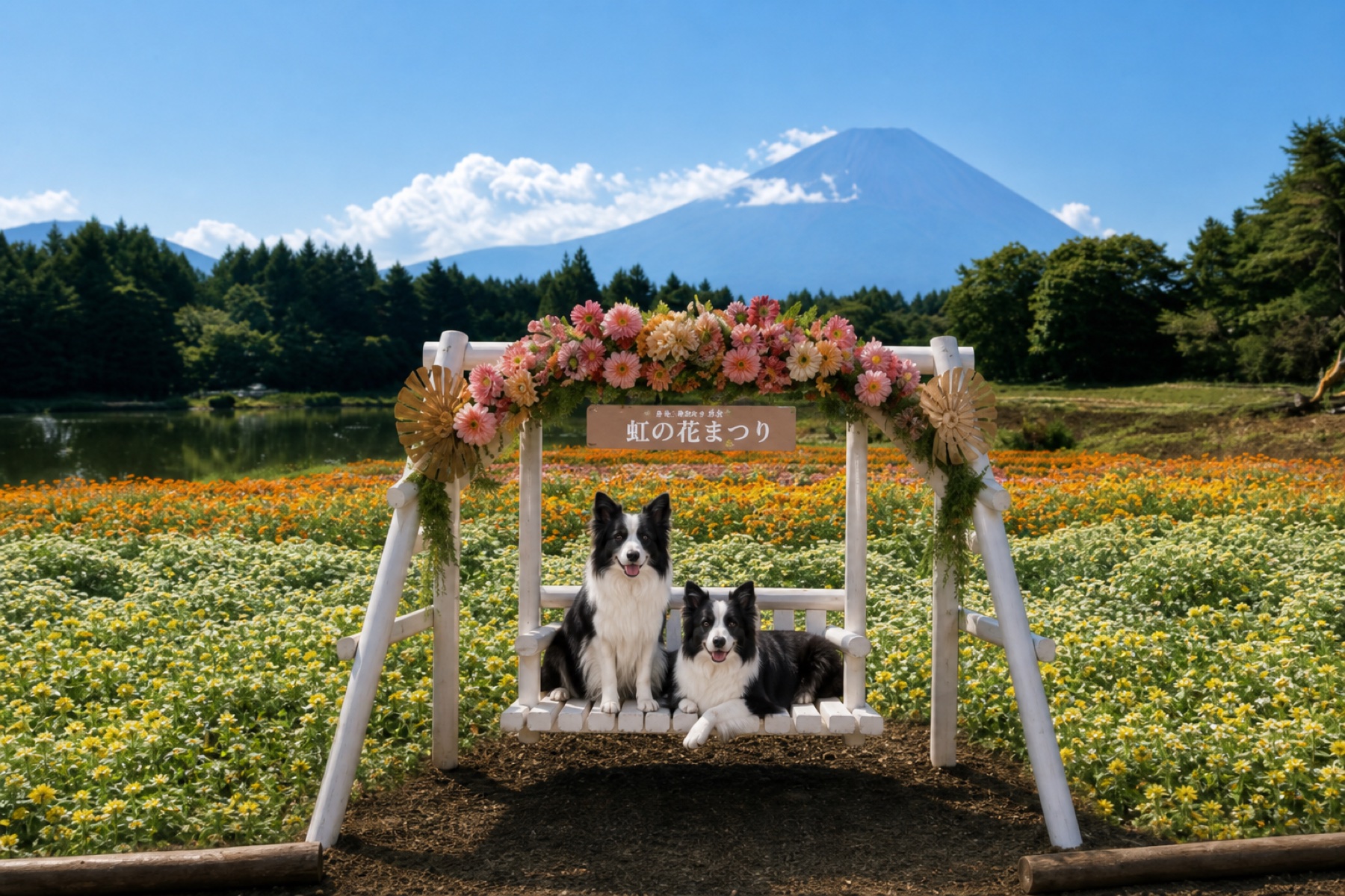 Two border collies sit on the white wooden swing bench of the new dog photo spot at the Rainbow Flower Festival, decorated with pink flowers and a festival sign, with zinnia fields and Mt Fuji rising in the background.