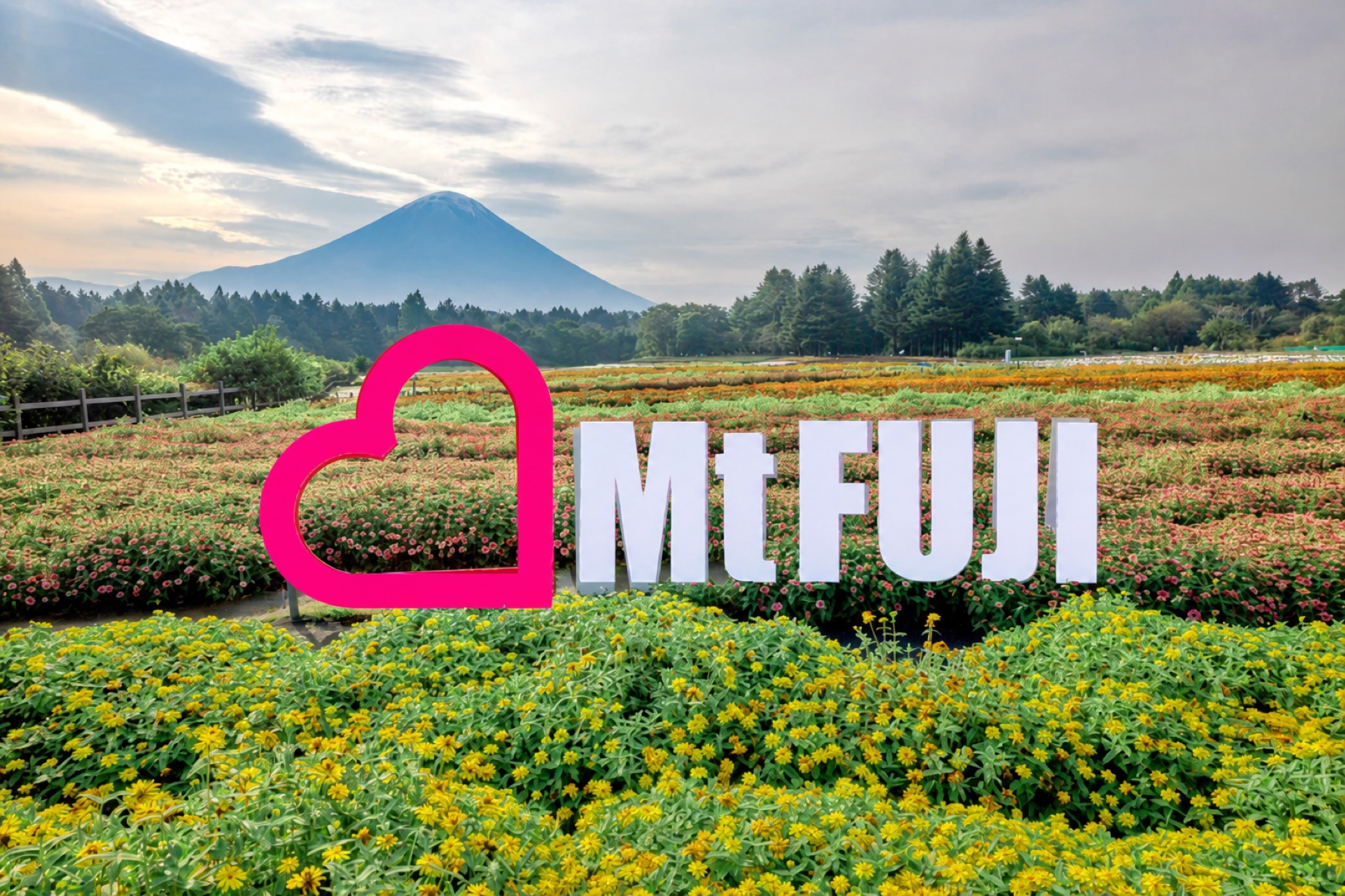 The pink heart and white Mt FUJI letter object photo spot standing among yellow and orange zinnia beds at the Rainbow Flower Festival, with a hazy silhouette of Mt Fuji on the horizon at Fuji Motosuko Resort in Yamanashi.