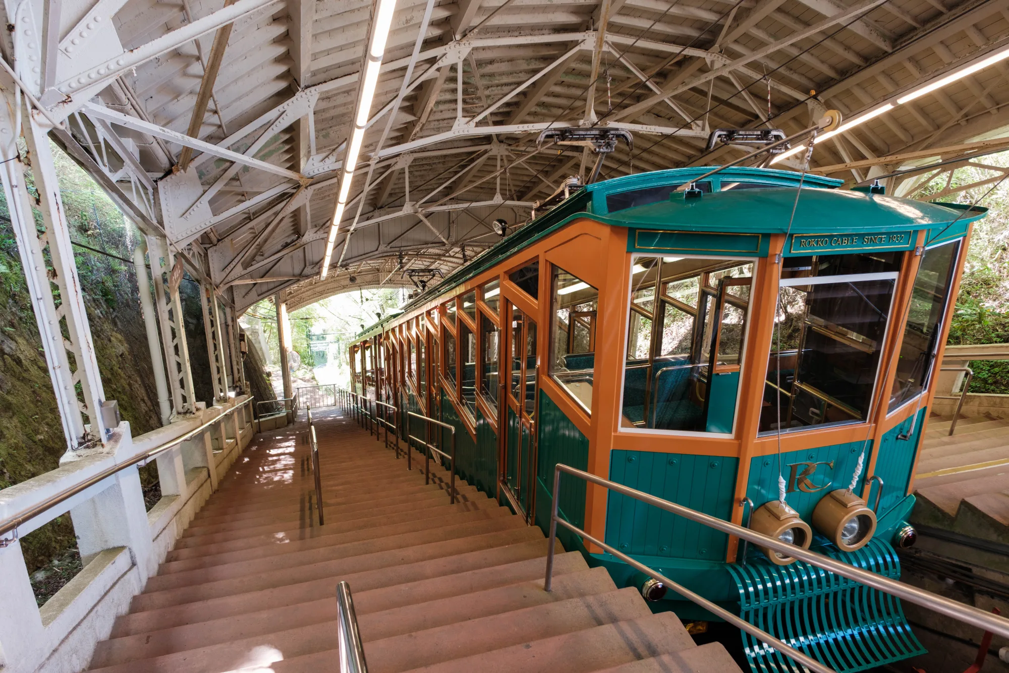 The retro Rokko Cable Car climbing the mountainside above Kobe, Hyogo