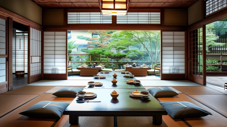A kaiseki dinner spread laid out at a Japanese ryokan with many small seasonal dishes, sashimi, simmered courses and a nabe pot on the table