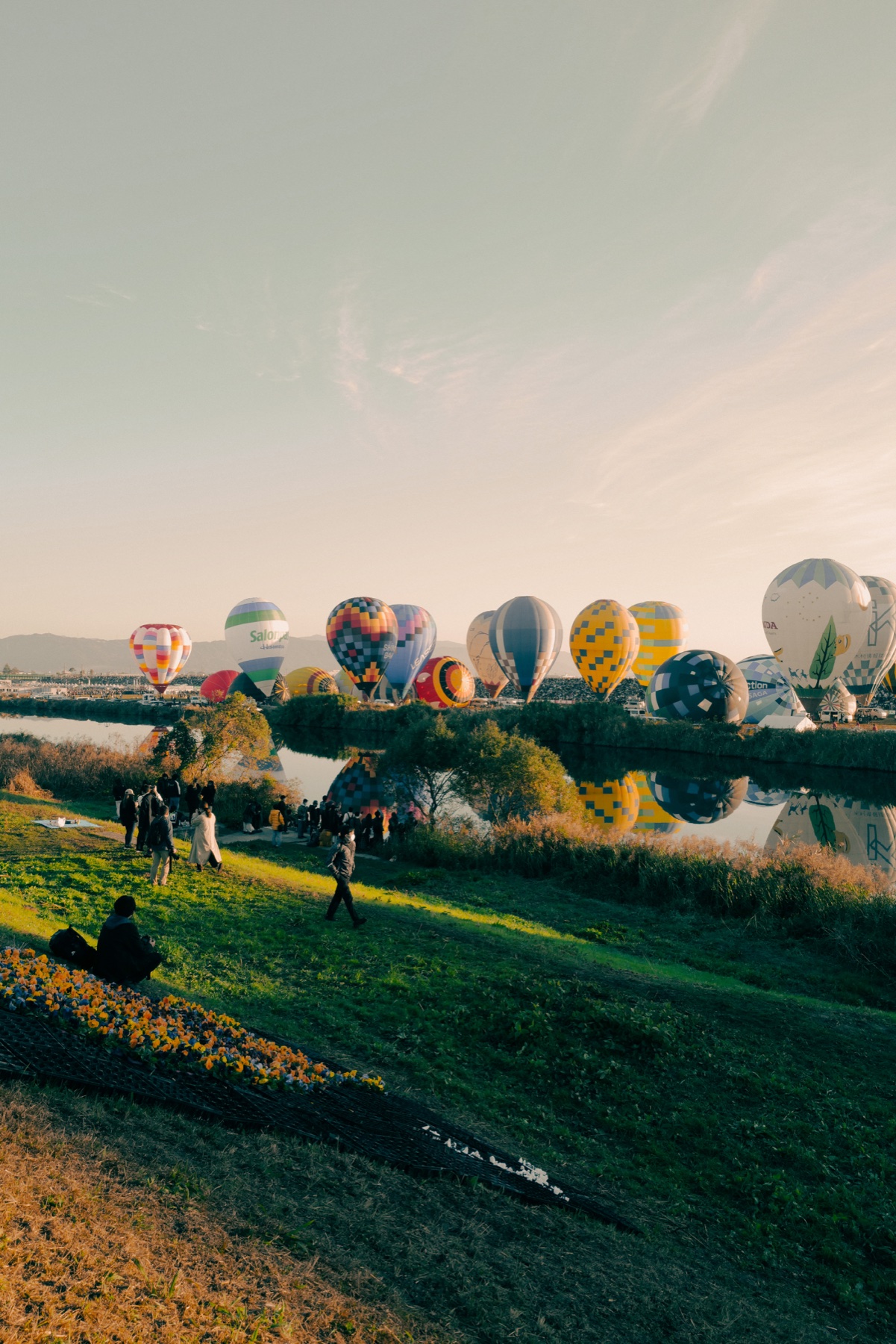 Rows of hot air balloons inflate across the Kase River at the Saga International Balloon Fiesta while a handful of people wander a wide, green and almost empty west-bank slope in soft early morning light.